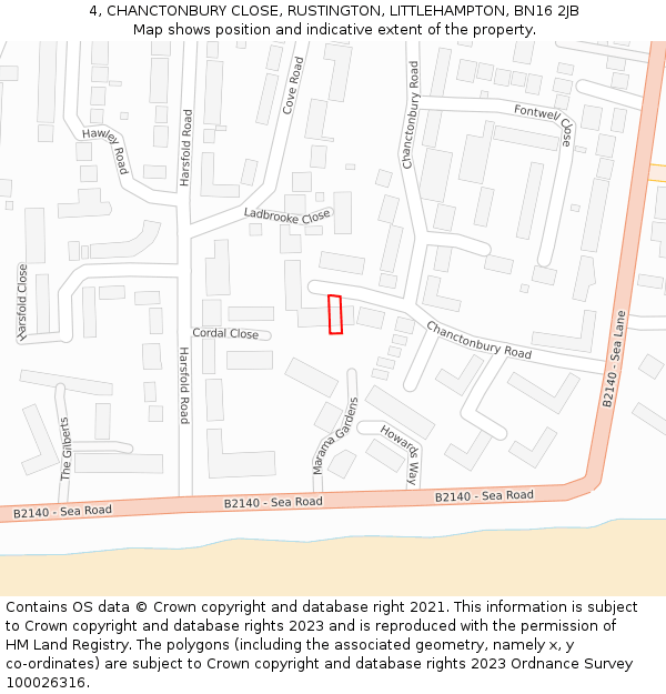 4, CHANCTONBURY CLOSE, RUSTINGTON, LITTLEHAMPTON, BN16 2JB: Location map and indicative extent of plot