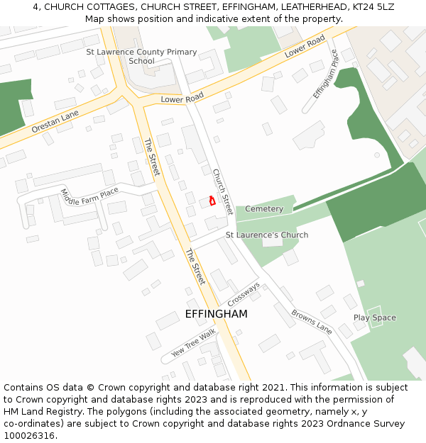 4, CHURCH COTTAGES, CHURCH STREET, EFFINGHAM, LEATHERHEAD, KT24 5LZ: Location map and indicative extent of plot