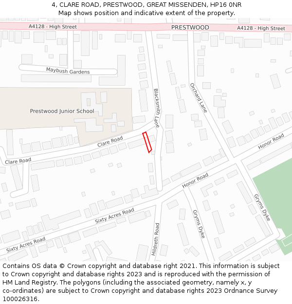 4, CLARE ROAD, PRESTWOOD, GREAT MISSENDEN, HP16 0NR: Location map and indicative extent of plot