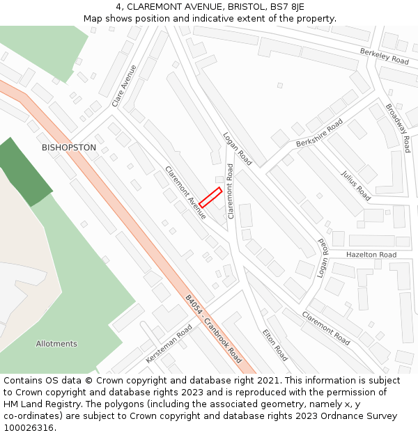 4, CLAREMONT AVENUE, BRISTOL, BS7 8JE: Location map and indicative extent of plot