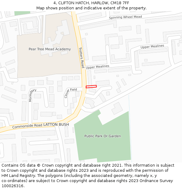 4, CLIFTON HATCH, HARLOW, CM18 7FF: Location map and indicative extent of plot