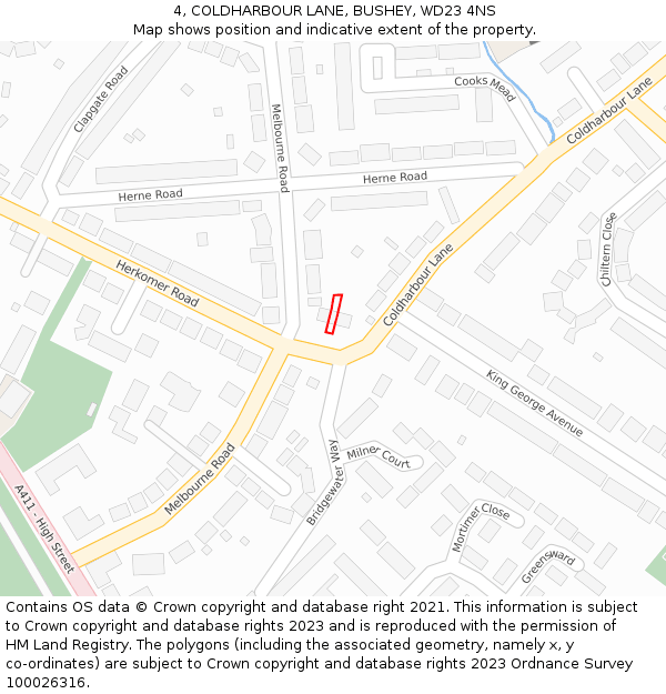 4, COLDHARBOUR LANE, BUSHEY, WD23 4NS: Location map and indicative extent of plot