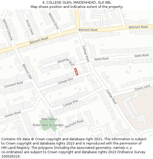4, COLLEGE GLEN, MAIDENHEAD, SL6 6BL: Location map and indicative extent of plot