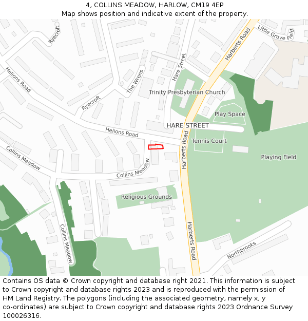 4, COLLINS MEADOW, HARLOW, CM19 4EP: Location map and indicative extent of plot
