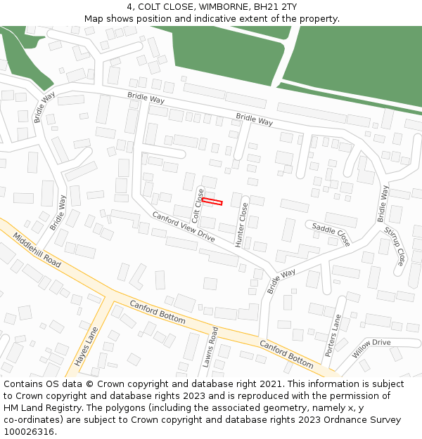 4, COLT CLOSE, WIMBORNE, BH21 2TY: Location map and indicative extent of plot