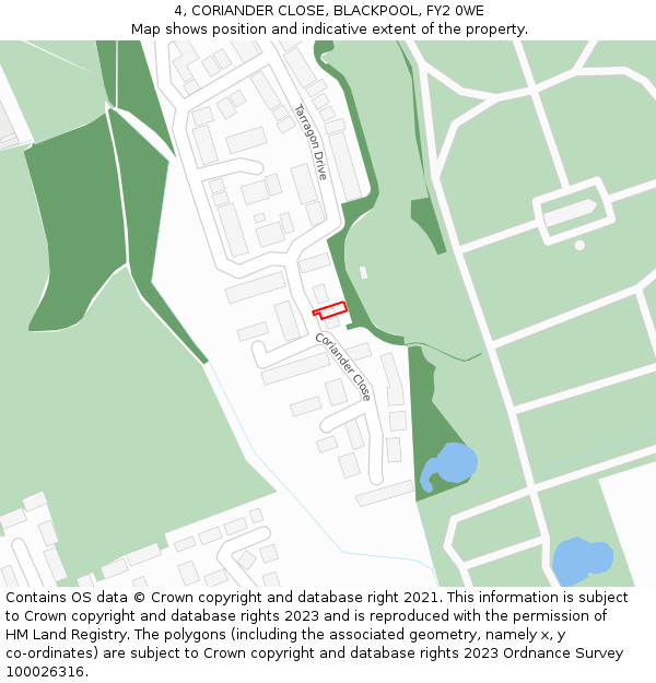 4, CORIANDER CLOSE, BLACKPOOL, FY2 0WE: Location map and indicative extent of plot