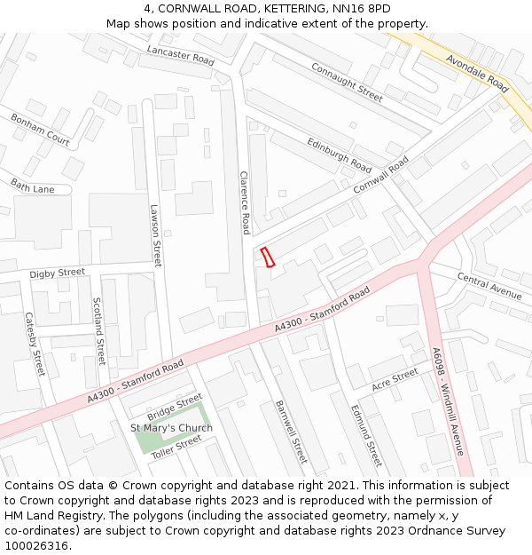 4, CORNWALL ROAD, KETTERING, NN16 8PD: Location map and indicative extent of plot