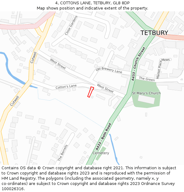 4, COTTONS LANE, TETBURY, GL8 8DP: Location map and indicative extent of plot