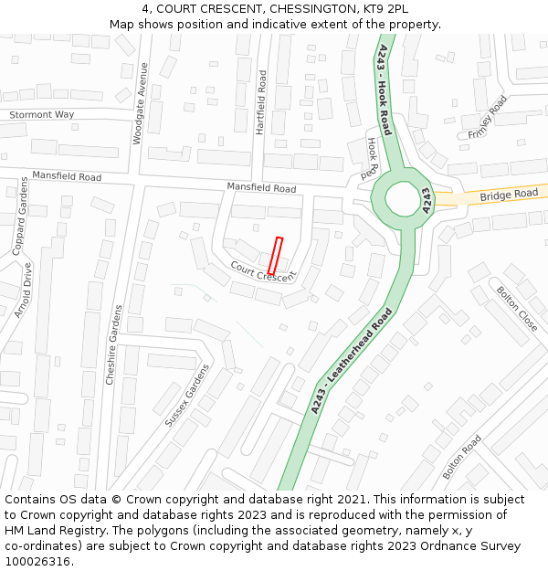 4, COURT CRESCENT, CHESSINGTON, KT9 2PL: Location map and indicative extent of plot