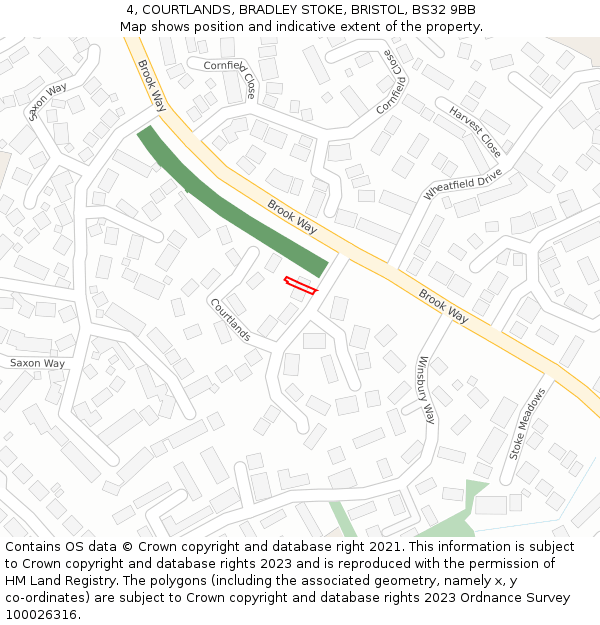 4, COURTLANDS, BRADLEY STOKE, BRISTOL, BS32 9BB: Location map and indicative extent of plot