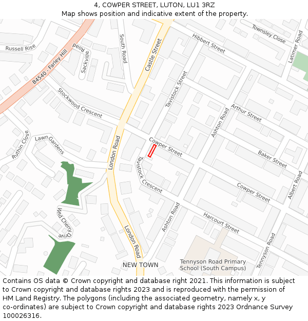 4, COWPER STREET, LUTON, LU1 3RZ: Location map and indicative extent of plot