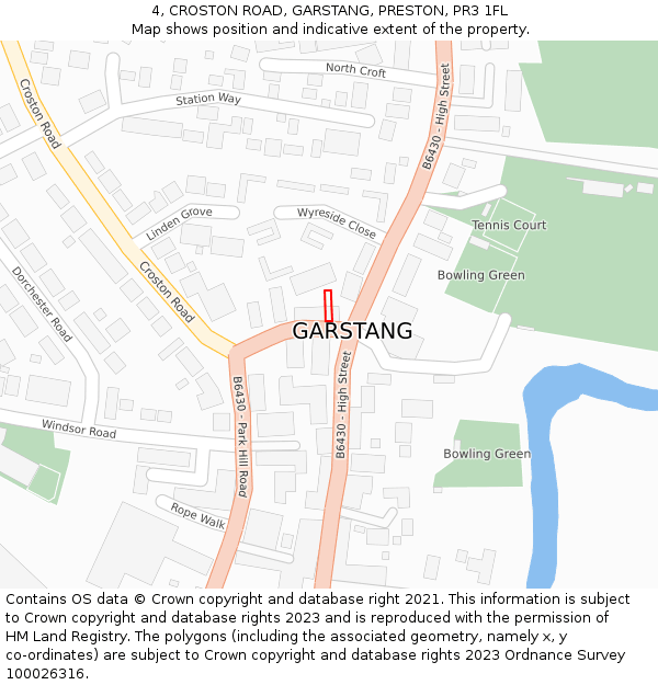 4, CROSTON ROAD, GARSTANG, PRESTON, PR3 1FL: Location map and indicative extent of plot