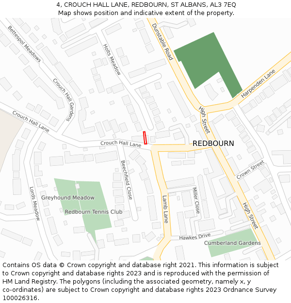 4, CROUCH HALL LANE, REDBOURN, ST ALBANS, AL3 7EQ: Location map and indicative extent of plot