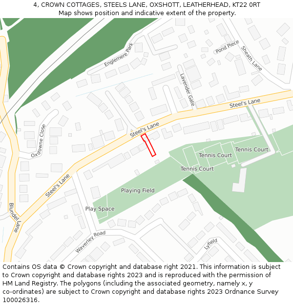 4, CROWN COTTAGES, STEELS LANE, OXSHOTT, LEATHERHEAD, KT22 0RT: Location map and indicative extent of plot