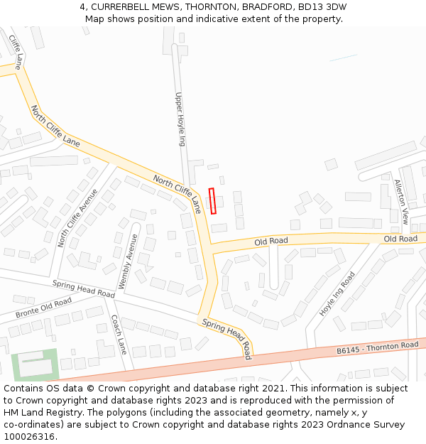 4, CURRERBELL MEWS, THORNTON, BRADFORD, BD13 3DW: Location map and indicative extent of plot