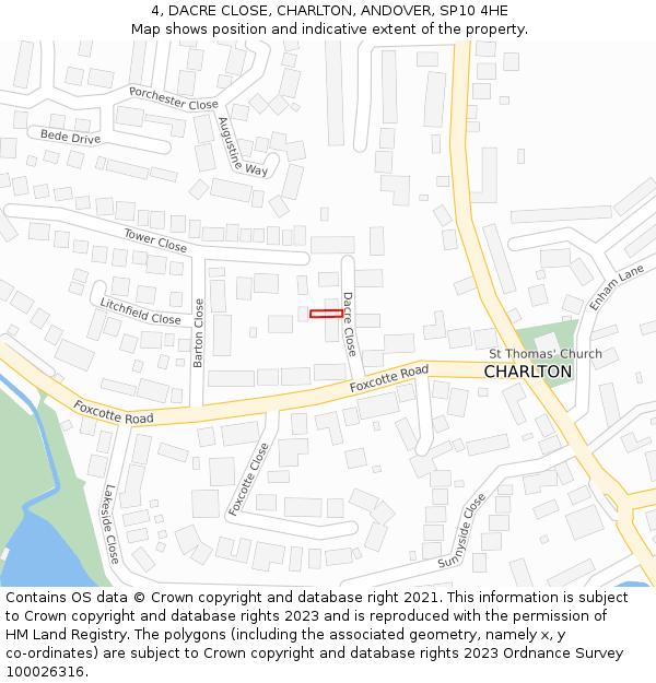 4, DACRE CLOSE, CHARLTON, ANDOVER, SP10 4HE: Location map and indicative extent of plot