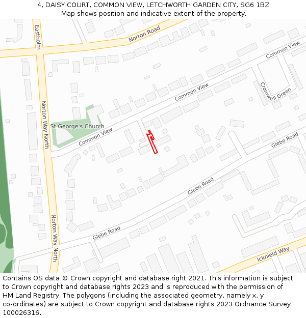 4, DAISY COURT, COMMON VIEW, LETCHWORTH GARDEN CITY, SG6 1BZ: Location map and indicative extent of plot
