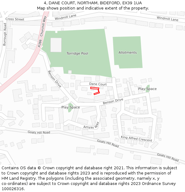 4, DANE COURT, NORTHAM, BIDEFORD, EX39 1UA: Location map and indicative extent of plot