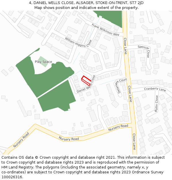 4, DANIEL WELLS CLOSE, ALSAGER, STOKE-ON-TRENT, ST7 2JD: Location map and indicative extent of plot