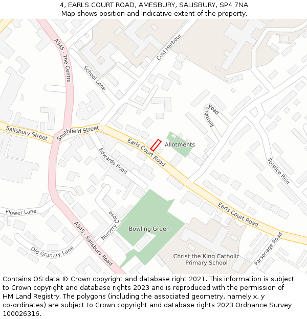 4, EARLS COURT ROAD, AMESBURY, SALISBURY, SP4 7NA: Location map and indicative extent of plot