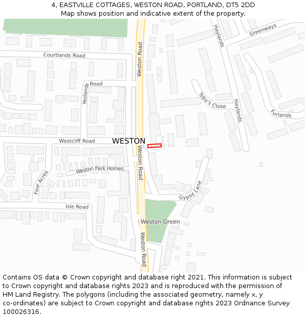 4, EASTVILLE COTTAGES, WESTON ROAD, PORTLAND, DT5 2DD: Location map and indicative extent of plot