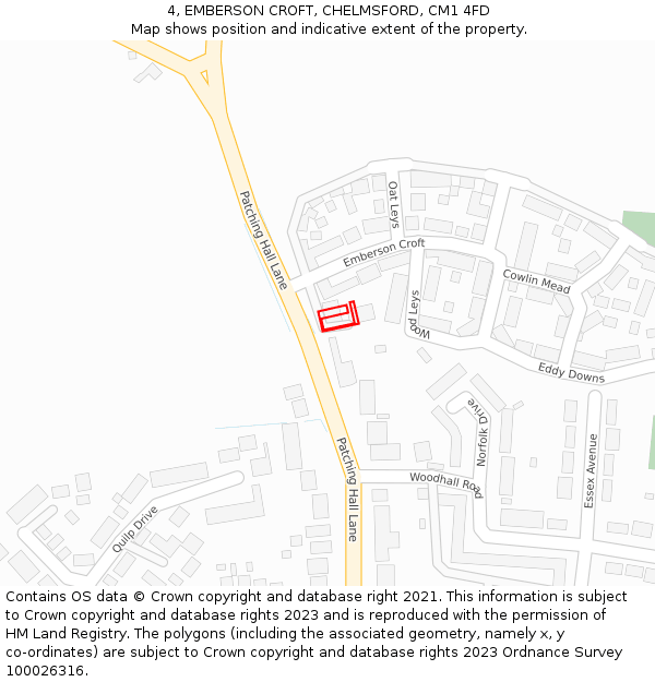 4, EMBERSON CROFT, CHELMSFORD, CM1 4FD: Location map and indicative extent of plot