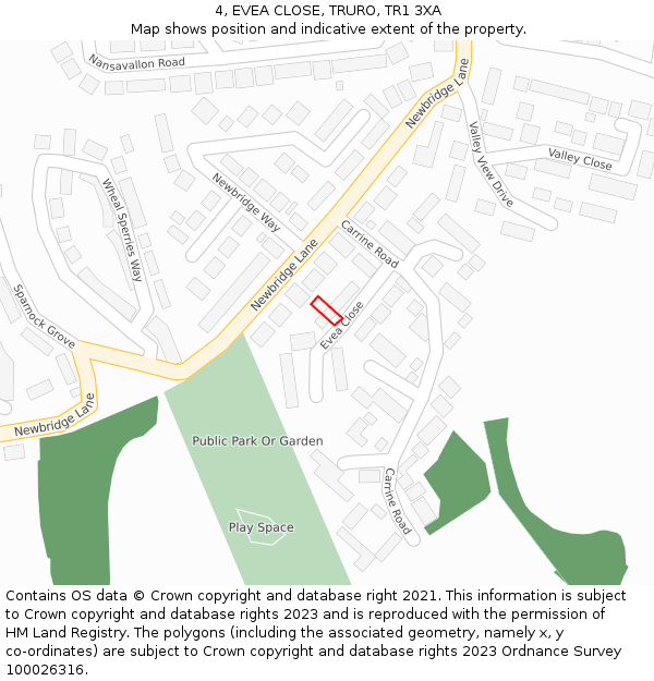 4, EVEA CLOSE, TRURO, TR1 3XA: Location map and indicative extent of plot