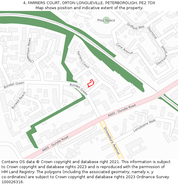 4, FARRIERS COURT, ORTON LONGUEVILLE, PETERBOROUGH, PE2 7DX: Location map and indicative extent of plot