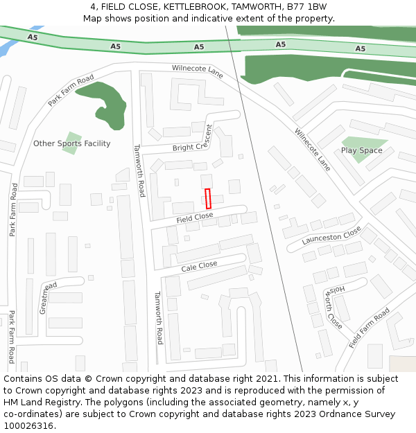 4, FIELD CLOSE, KETTLEBROOK, TAMWORTH, B77 1BW: Location map and indicative extent of plot