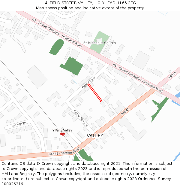 4, FIELD STREET, VALLEY, HOLYHEAD, LL65 3EG: Location map and indicative extent of plot