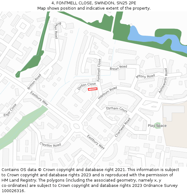 4, FONTMELL CLOSE, SWINDON, SN25 2PE: Location map and indicative extent of plot