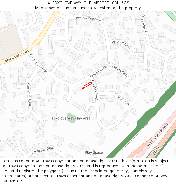 4, FOXGLOVE WAY, CHELMSFORD, CM1 6QS: Location map and indicative extent of plot