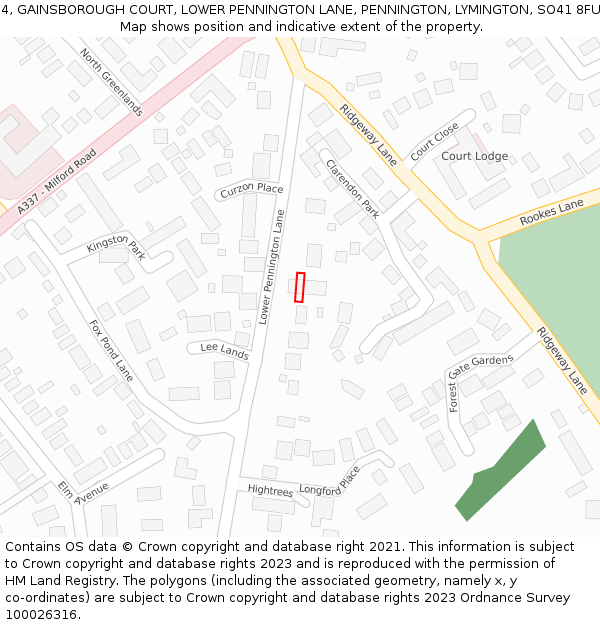 4, GAINSBOROUGH COURT, LOWER PENNINGTON LANE, PENNINGTON, LYMINGTON, SO41 8FU: Location map and indicative extent of plot