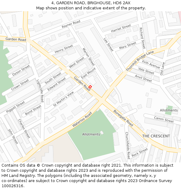 4, GARDEN ROAD, BRIGHOUSE, HD6 2AX: Location map and indicative extent of plot