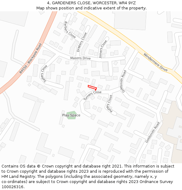 4, GARDENERS CLOSE, WORCESTER, WR4 9YZ: Location map and indicative extent of plot