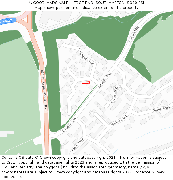 4, GOODLANDS VALE, HEDGE END, SOUTHAMPTON, SO30 4SL: Location map and indicative extent of plot