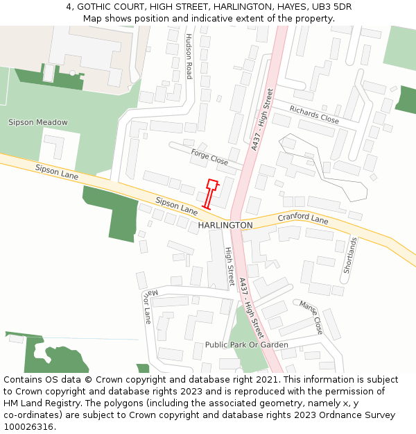 4, GOTHIC COURT, HIGH STREET, HARLINGTON, HAYES, UB3 5DR: Location map and indicative extent of plot