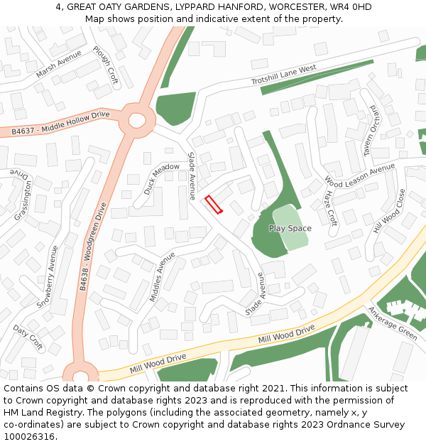 4, GREAT OATY GARDENS, LYPPARD HANFORD, WORCESTER, WR4 0HD: Location map and indicative extent of plot