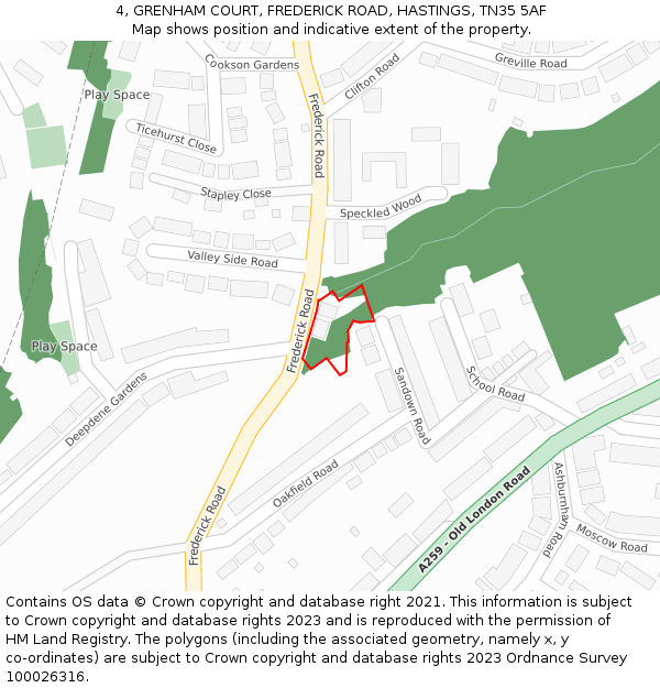 4, GRENHAM COURT, FREDERICK ROAD, HASTINGS, TN35 5AF: Location map and indicative extent of plot