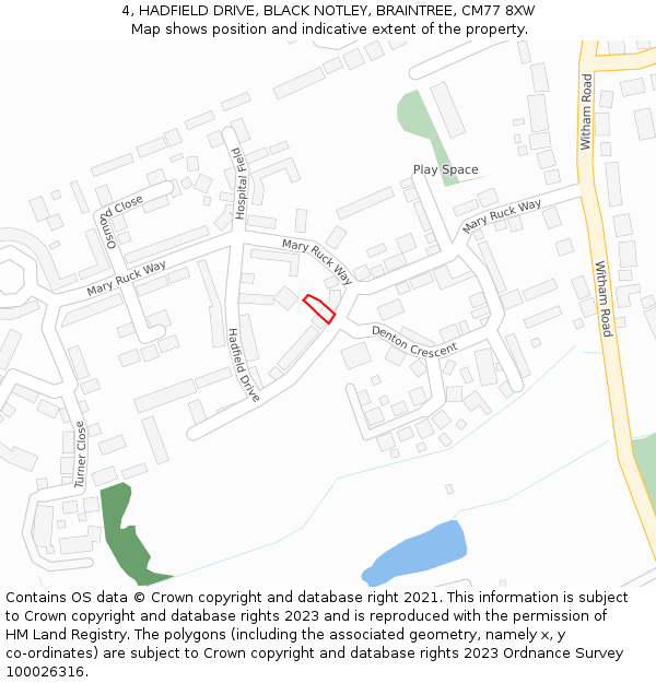 4, HADFIELD DRIVE, BLACK NOTLEY, BRAINTREE, CM77 8XW: Location map and indicative extent of plot