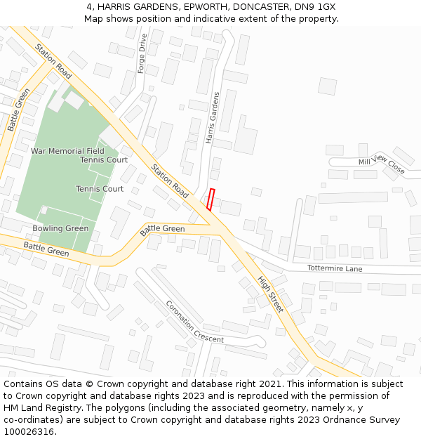 4, HARRIS GARDENS, EPWORTH, DONCASTER, DN9 1GX: Location map and indicative extent of plot