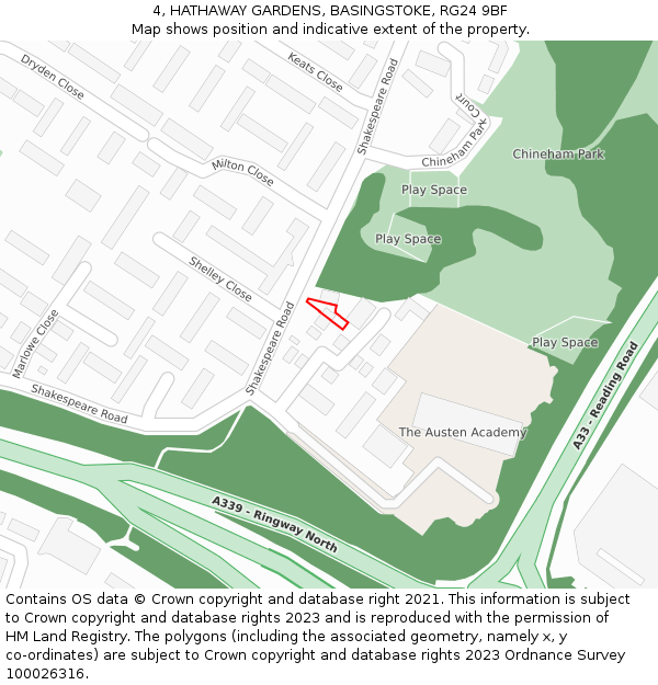 4, HATHAWAY GARDENS, BASINGSTOKE, RG24 9BF: Location map and indicative extent of plot