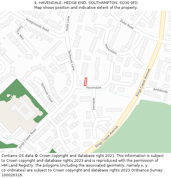 4, HAVENDALE, HEDGE END, SOUTHAMPTON, SO30 0FD: Location map and indicative extent of plot