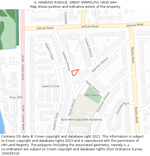 4, HAWKINS AVENUE, GREAT YARMOUTH, NR30 4AH: Location map and indicative extent of plot