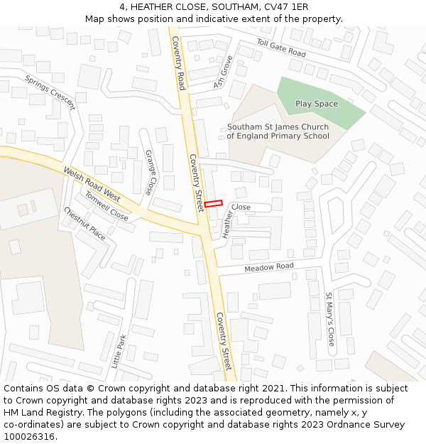 4, HEATHER CLOSE, SOUTHAM, CV47 1ER: Location map and indicative extent of plot