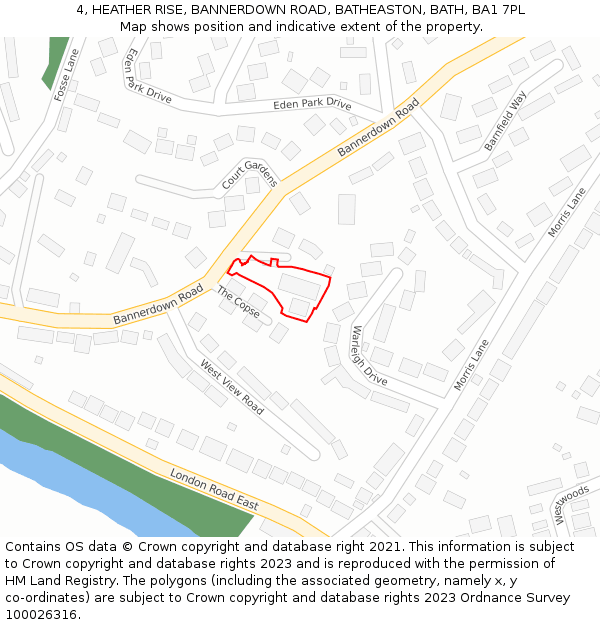 4, HEATHER RISE, BANNERDOWN ROAD, BATHEASTON, BATH, BA1 7PL: Location map and indicative extent of plot