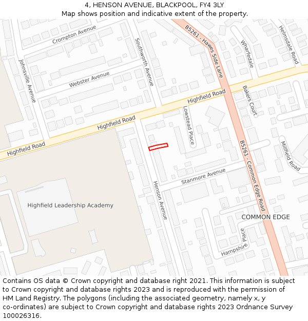 4, HENSON AVENUE, BLACKPOOL, FY4 3LY: Location map and indicative extent of plot