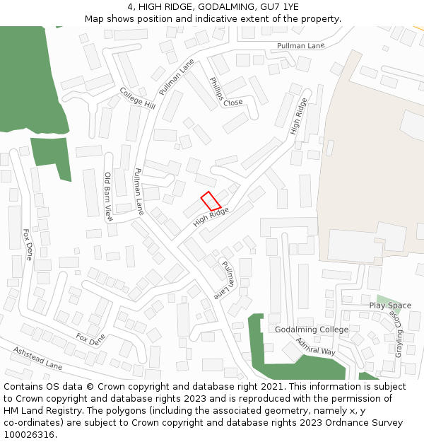 4, HIGH RIDGE, GODALMING, GU7 1YE: Location map and indicative extent of plot