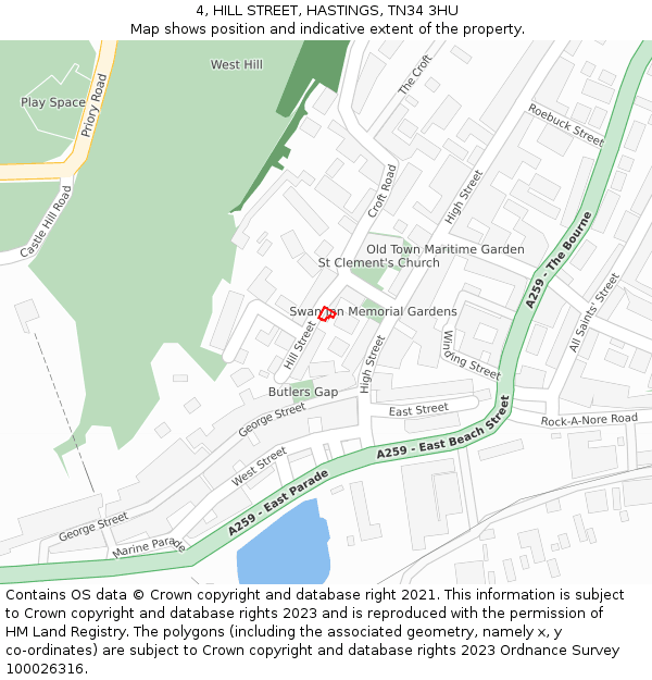 4, HILL STREET, HASTINGS, TN34 3HU: Location map and indicative extent of plot