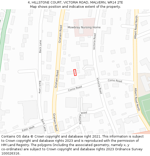 4, HILLSTONE COURT, VICTORIA ROAD, MALVERN, WR14 2TE: Location map and indicative extent of plot